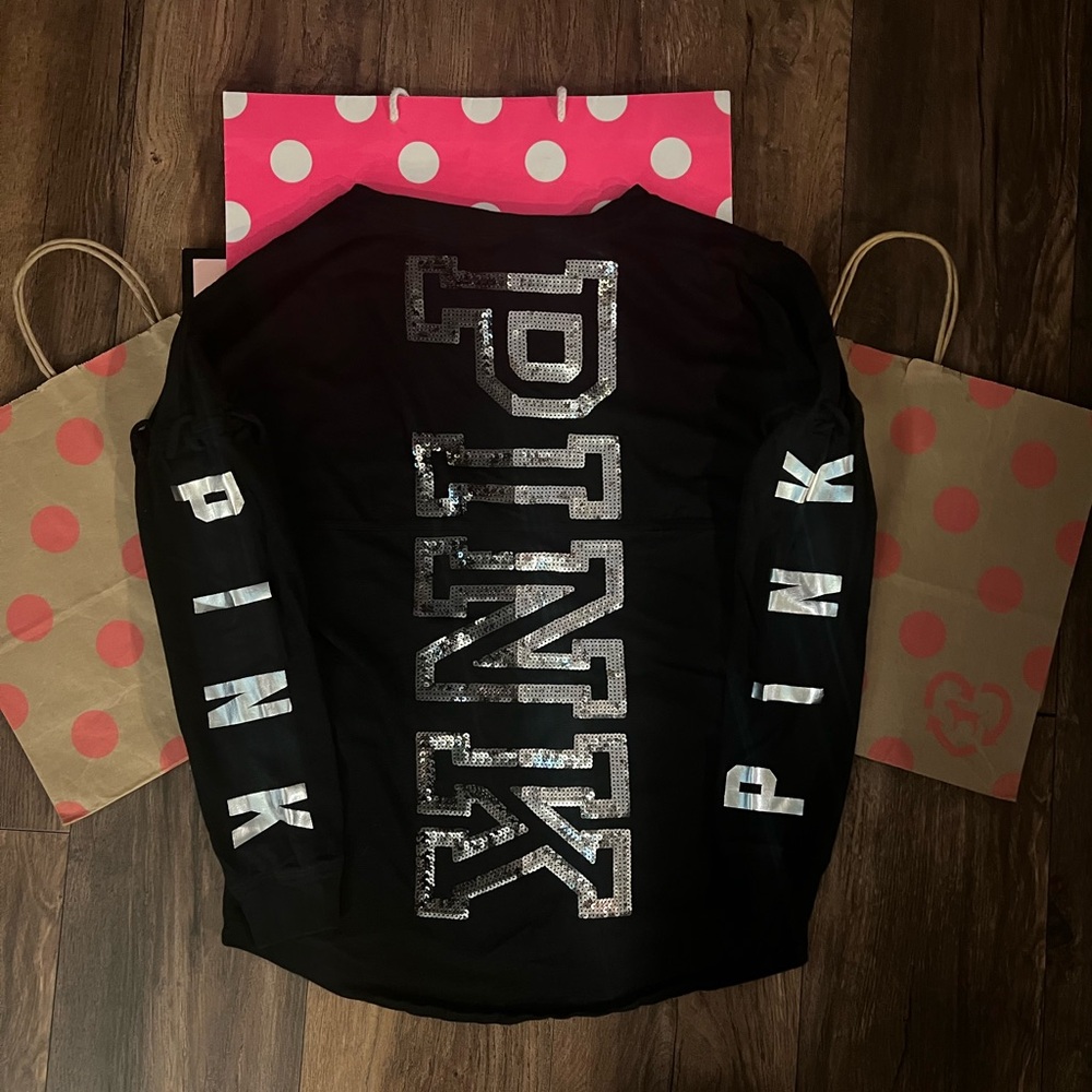 VS PINK SIZE XS Long Sleeve Ombrè Bling Lace Up Sleeve Varsity Tee.